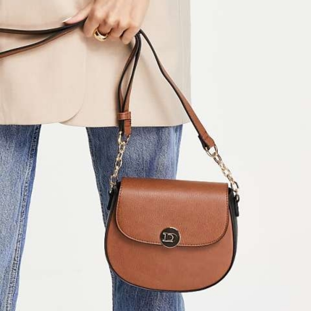Dune London Brown & Black Faux Leather Gold Chain Crossbody Saddle Bag